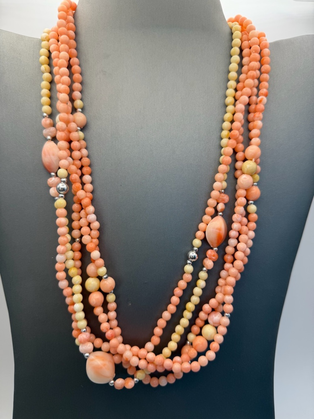 Coral and Cream 5-Strand Acrylic Beaded Necklace - Vintage